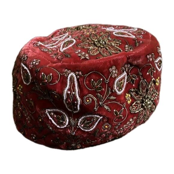 Evelyn Varon Velvet Beaded Pillbox Hat 1950s Cocktail Turban Floral Union Vtg - Picture 7 of 15